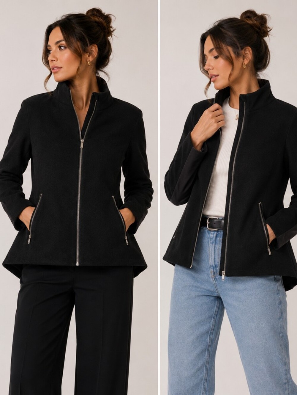 BCBG MAX AZRIA BLACK WOOL BLEND ZIP FRONT WOVEN JACKET SIZE S